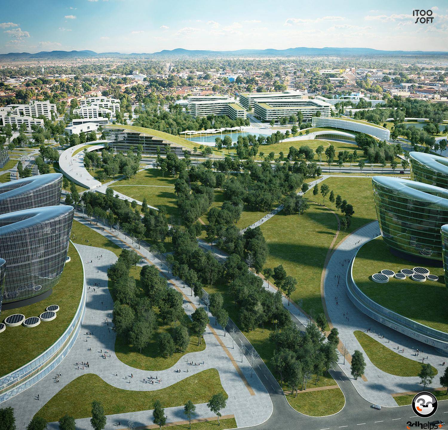 Aerial render of the Astana Green Quarter showing scattered tree planting