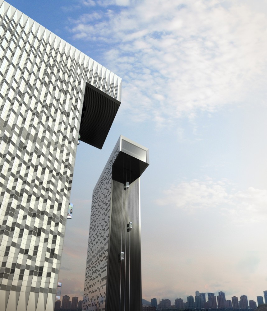 Vertical render of the tower facade with alternating silver and bronze glazing