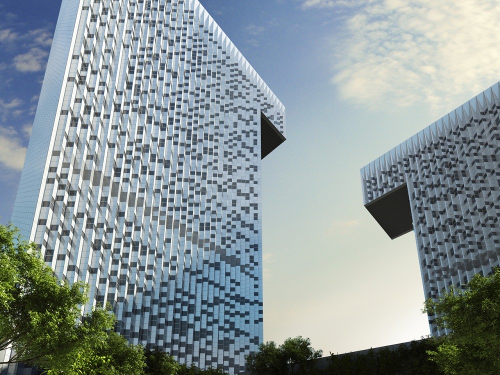 Close facade study of the checkerboard silver cladding and bronze glass