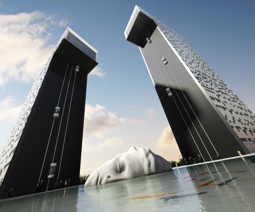 Render of the office complex podium and public plaza approach
