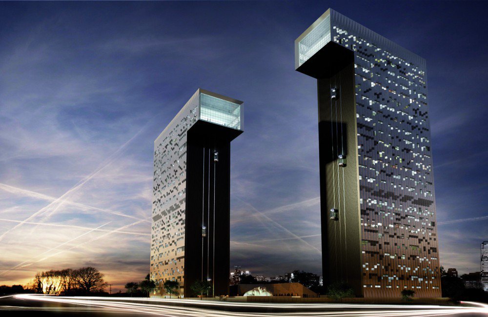 Plaza-level render at the base of the Ataşehir office towers